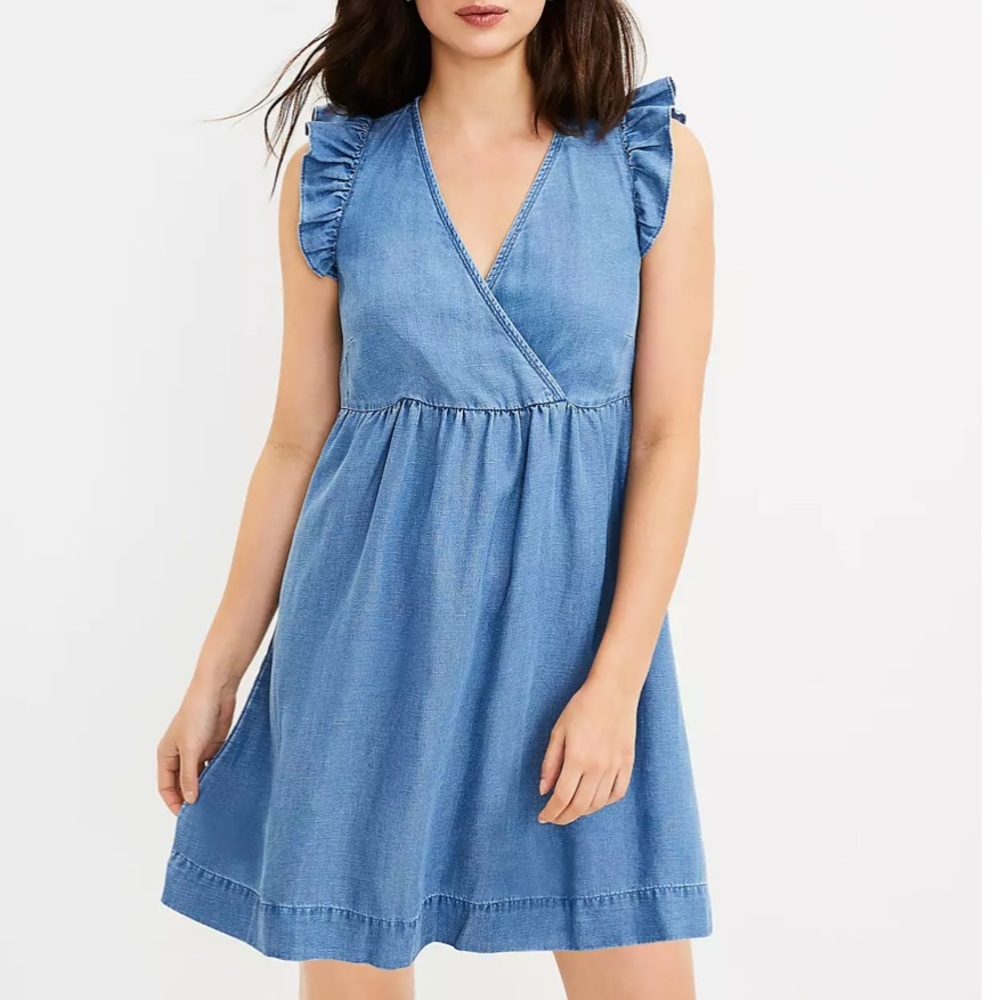 NWT LOFT Tall Chambray Ruffle Sleeve Crossover Dress